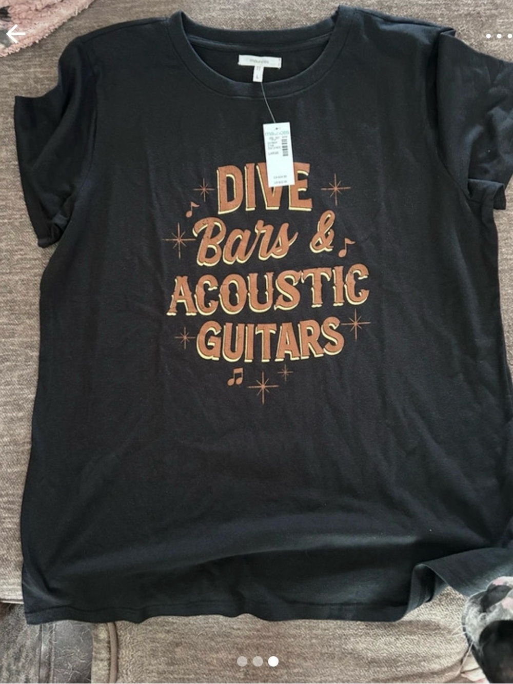 Maurices Black Graphic Tee with Gold 'Dive Bars & Acoustic Guitars' Print
